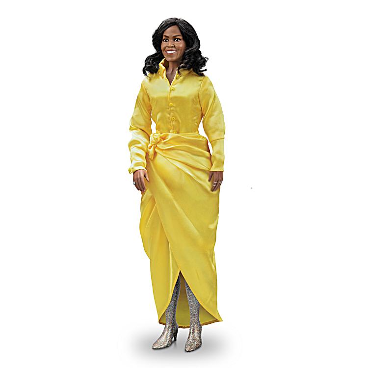 15 Tall Hand Painted Michelle Obama Porcelain Doll With Yellow Dress And Golden Thigh High Boots