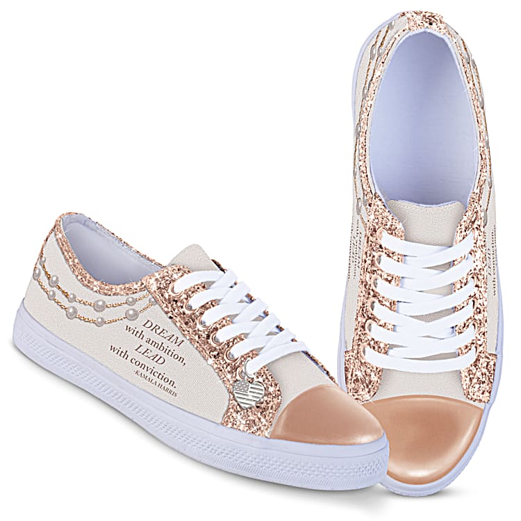 VP Kamala Harris Ever Sparkle Womens Canvas Shoes Featuring A Pearl Design And Inspirational Message With Glitter Trim Heart Shaped Charm
