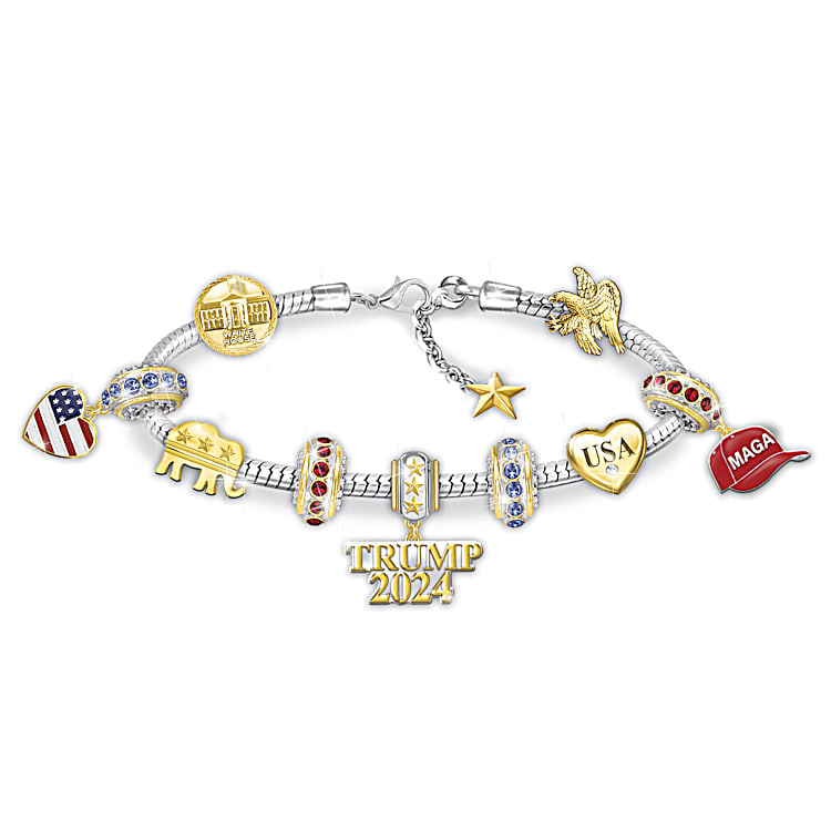 Donald Trump Charm Bracelet – 9 Charms, Blue & Red Crystals, 18K 