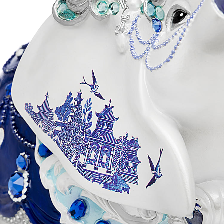 Sparkling Blue Willow Hand-Painted Elephant Figurine Adorned