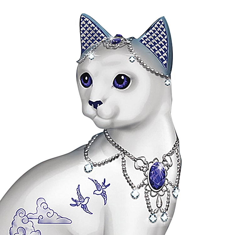 Sparkling Blue Willow Hand-Painted Porcelain Cat Figurine With A