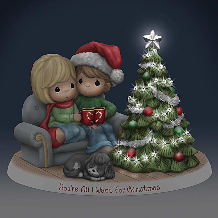 Precious Moments Youre All I Want For Christmas Illuminated Hand-Painted  Figurine Featuring A Couple Cuddling  Sipping Cocoa Next To A Festive Tree