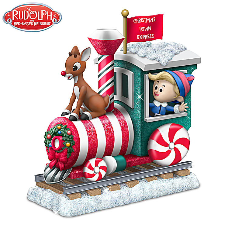 Rudolph The Red Nosed Reindeer With Your Nose So Bright Hand Painted Christmas Train Figurine Featuring Golden Chains That Connect Each Car