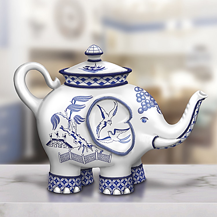 Elephant Shaped Teapot Figurine Adorned With Intricate Blue Willow Inspired Designs And Faux Jewels
