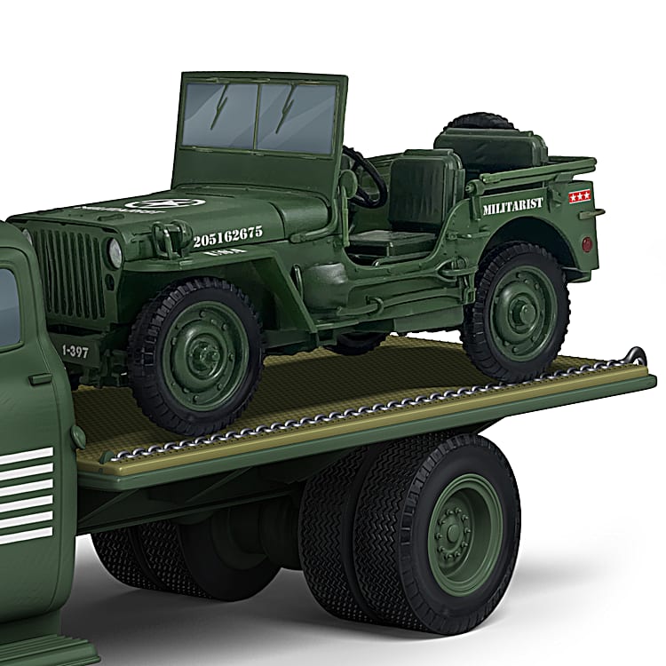 WWII Era Flatbed Truck Sculpture & 1:18-Scale Diecast Jeep