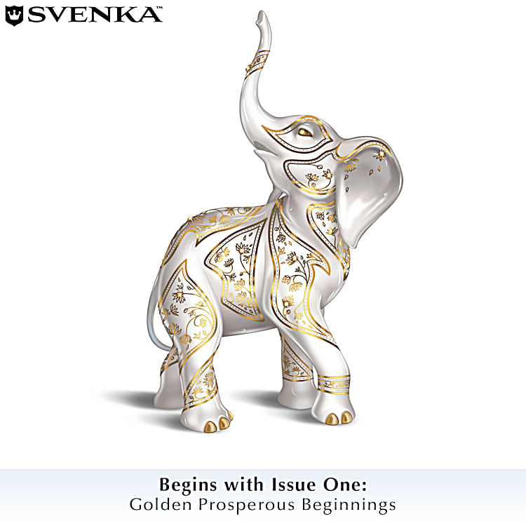 Golden Fortunes Hand-Painted Bisque Porcelain Elephant Figurine
