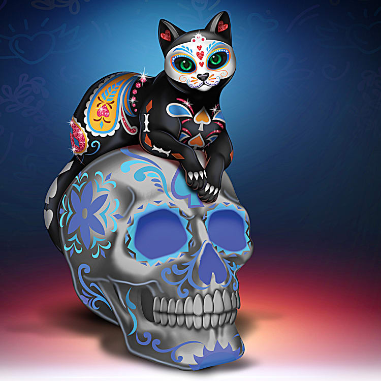 A Fur-ever Love Dia De Los Muertos Sugar Skull Cat Figurine Collection  Adorned With Hand-Set Faux Jewels And Glow-In-The-Dark Accents