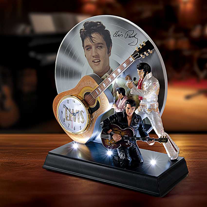 Elvis Presley フィギュア付きテーブルランプ Illuminated Desk Clock Featuring A Platinum Record Backdrop With
