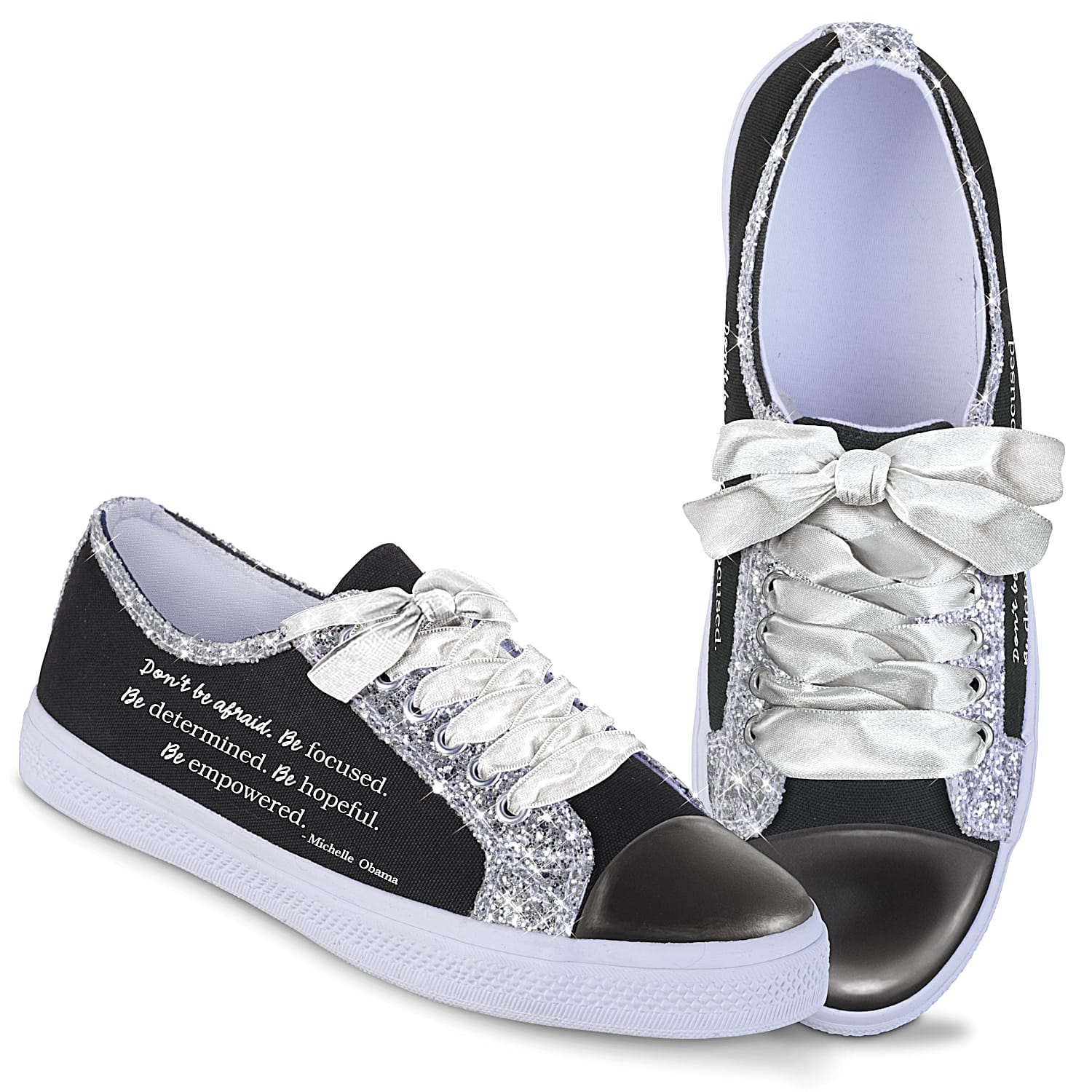 Michelle Obama Womens Canvas Shoes Featuring An Inspiring Message From The First Lady Printed On The Side With Glitter Trim Silvery Satin Ribbon Laces