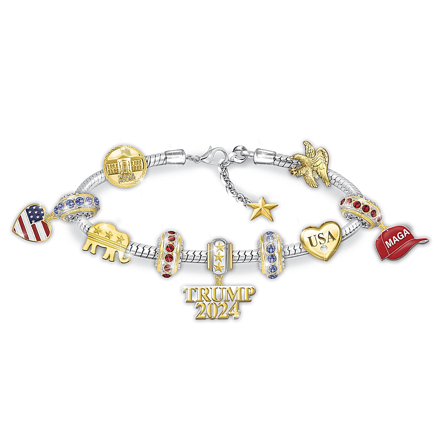 Donald Trump Charm Bracelet 9 Charms Blue Red Crystals 18K Gold Accents
