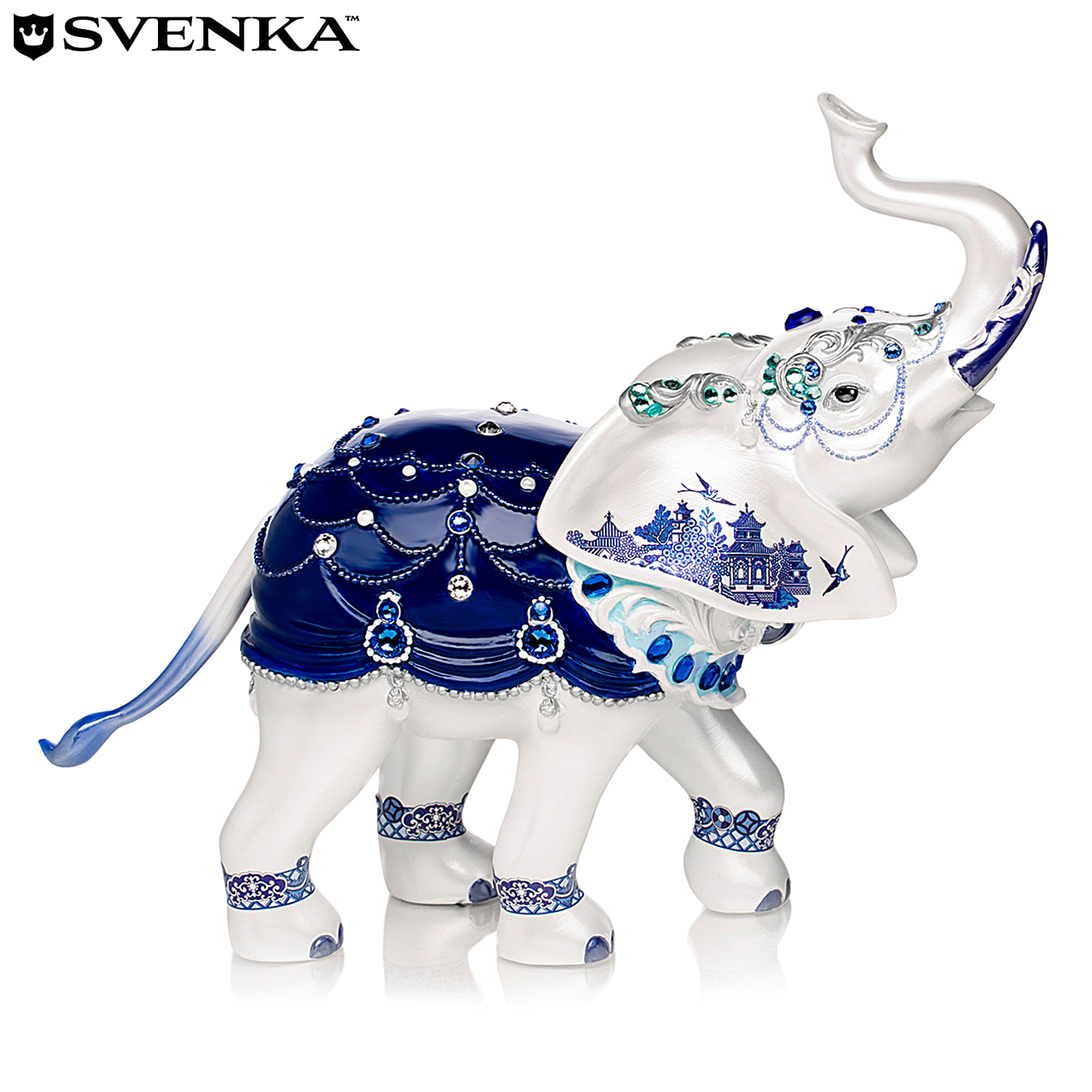 Sparkling Blue Willow Hand-Painted Elephant Figurine Adorned
