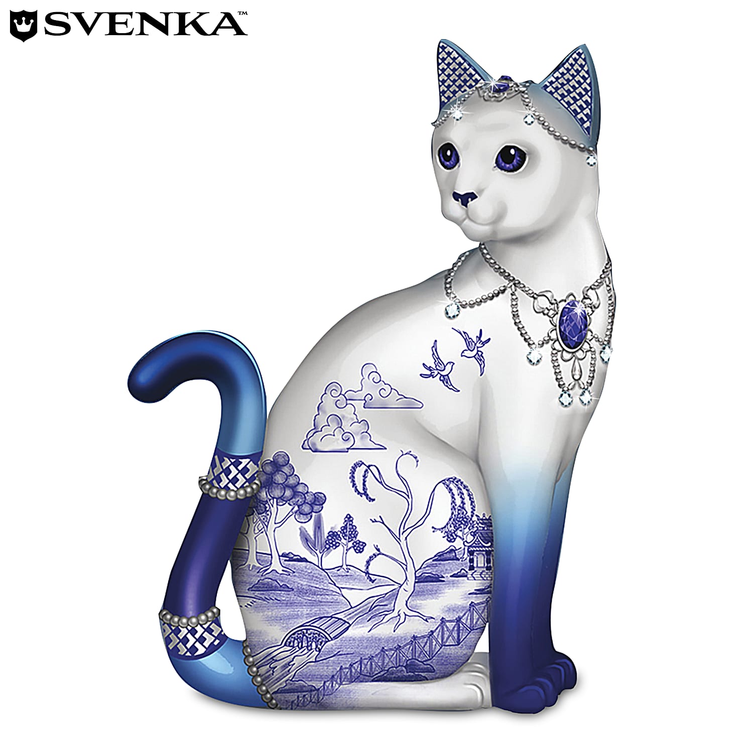 Blue and White Porcelain Good Luck Cat Figurine.