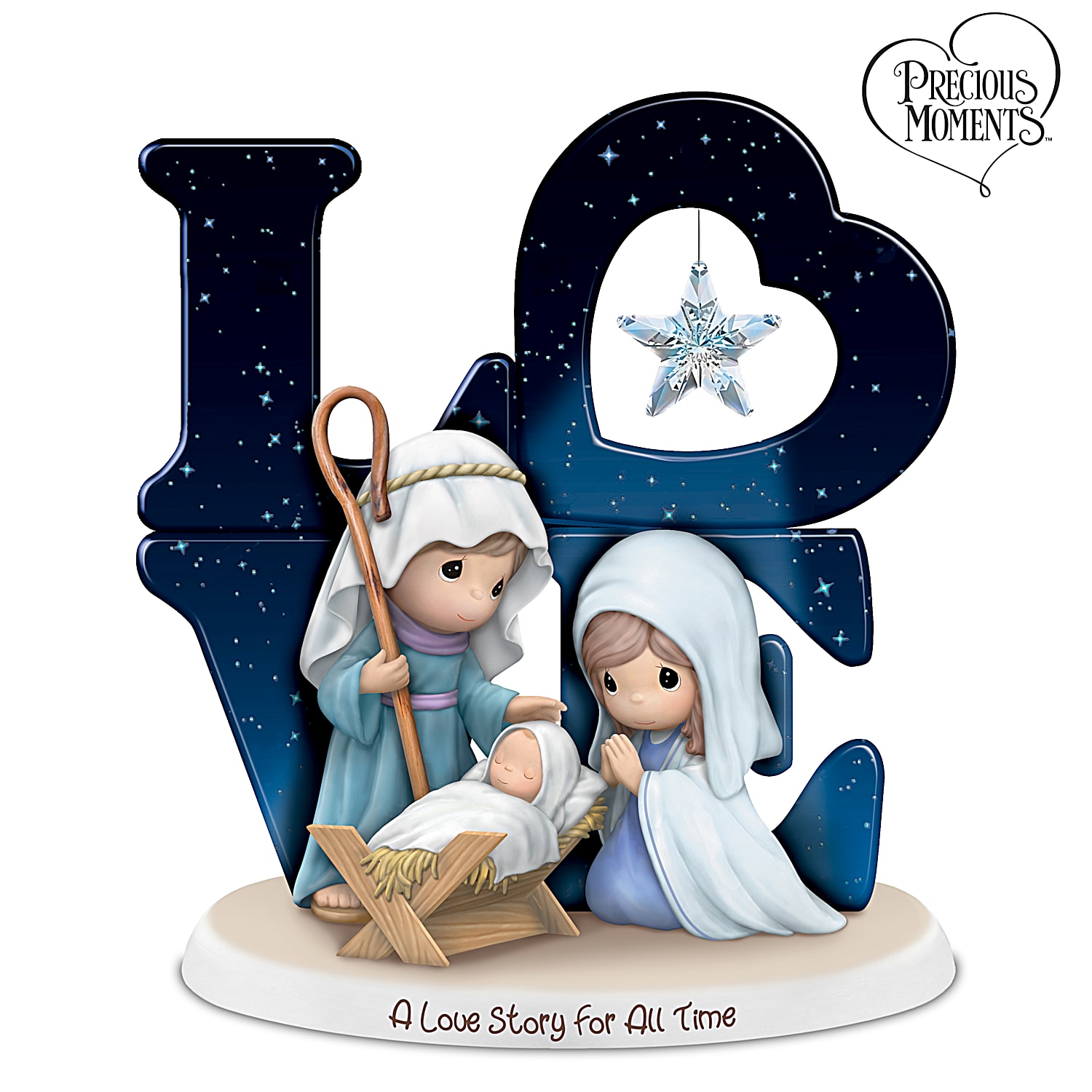 Precious Moments A Love Story For All Time Hand-Painted Religious Nativity  Figurine Featuring A Radiant Hanging Glass Star To Mirror The North Star