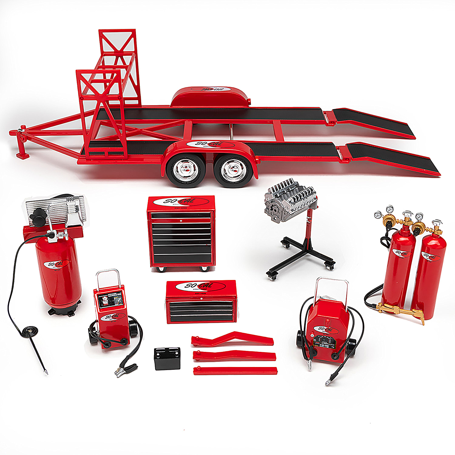 SO CAL Speed Shop 1 18 Scale Diecast Tandem Trailer And Accessories Including Tool Boxes And More