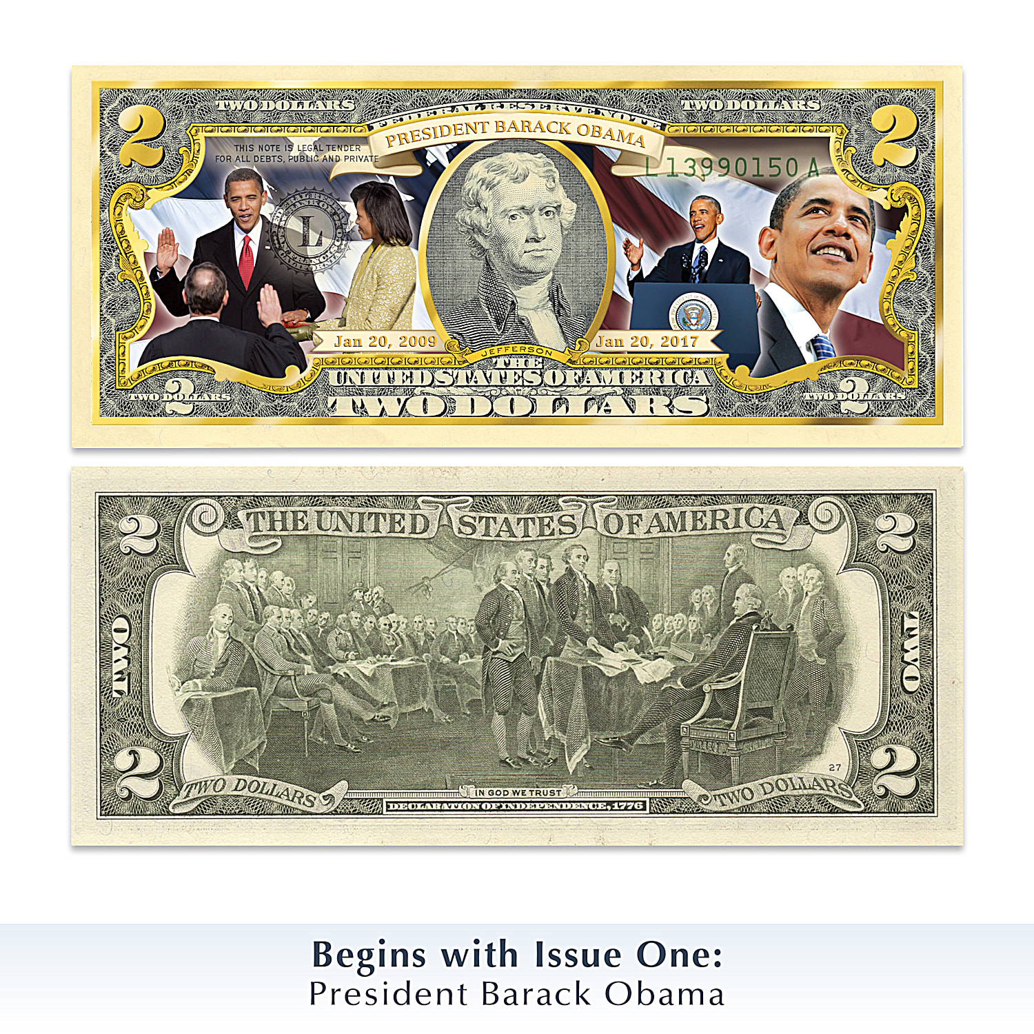 The All New Barack Obama 2 Bill Currency Collection Enhanced With Golden Borders Featuring Vivid Full Color Montage Artwork Of The 44th President