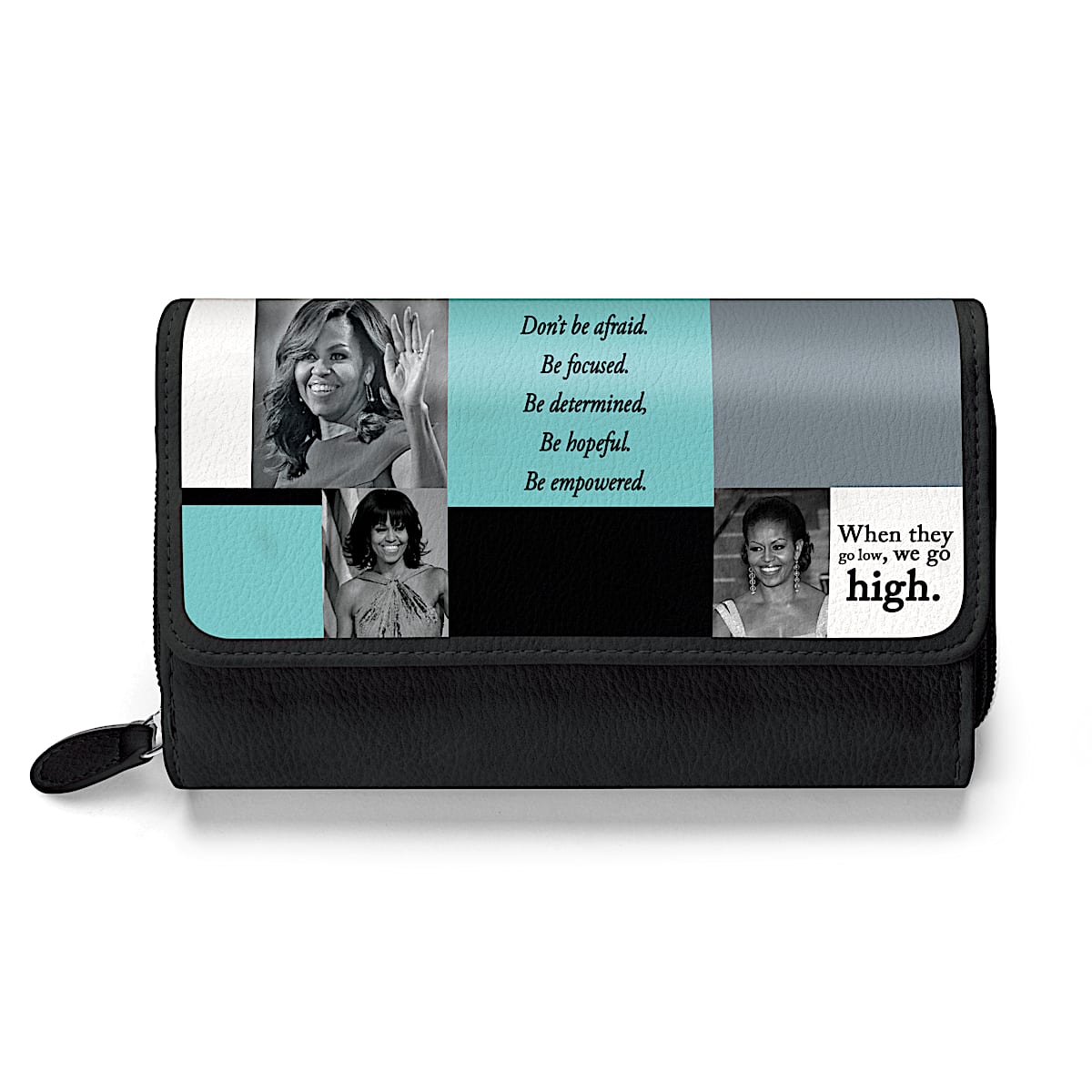 Michelle Obama Black Faux Leather Trifold Wallet Featuring A Michelle Obama Black Faux Leather Trifold Wallet Featuring A