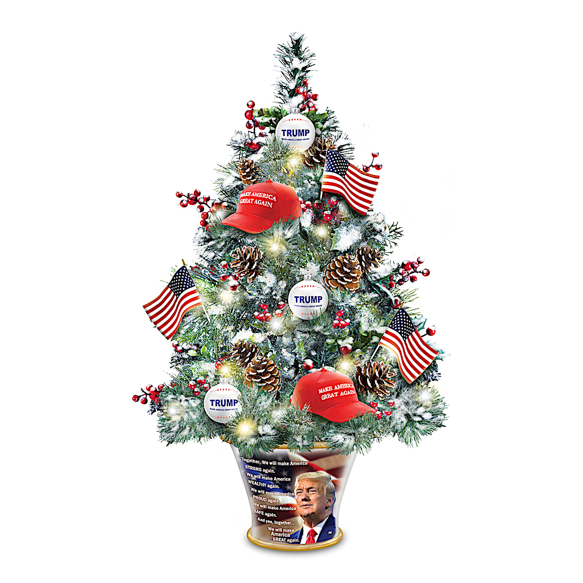 Illuminated MAGA Hat Tabletop Christmas Tree With Donald Trump Campaign Slogans