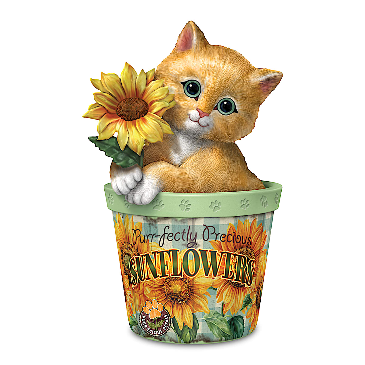 Purr-fectly Precious Sunflower Inspired By The Art Of Kayomi Harai  Featuring A Hand-Painted Cat Figurine In A Flowerpot Adorned With Paw Prints