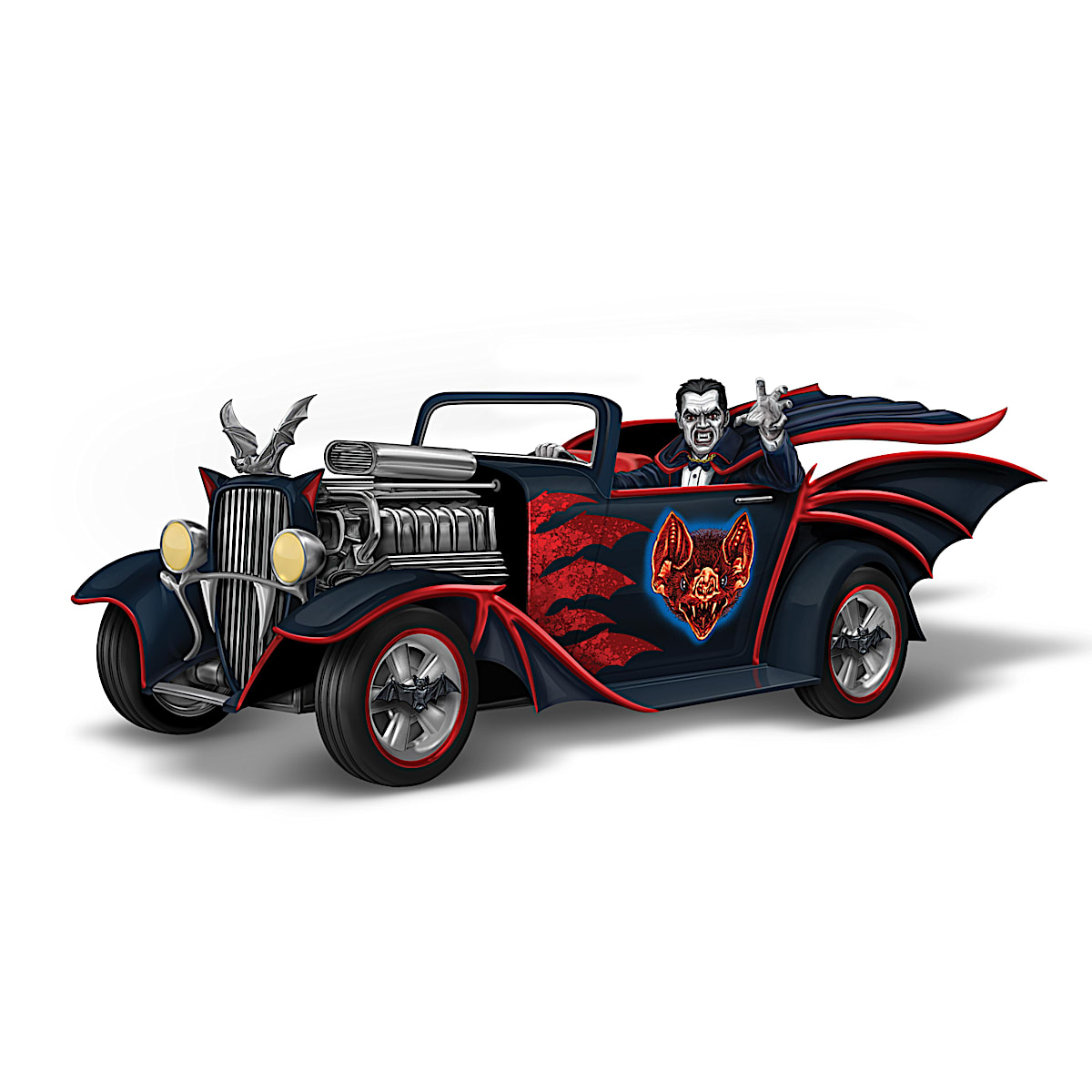 Hand-Painted Dracula Roadster Sculpture Featuring A Bat Hood