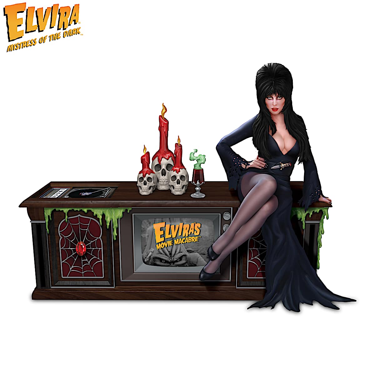 Talking Elvira Sculpture Featuring An Illuminated Sculpted TV