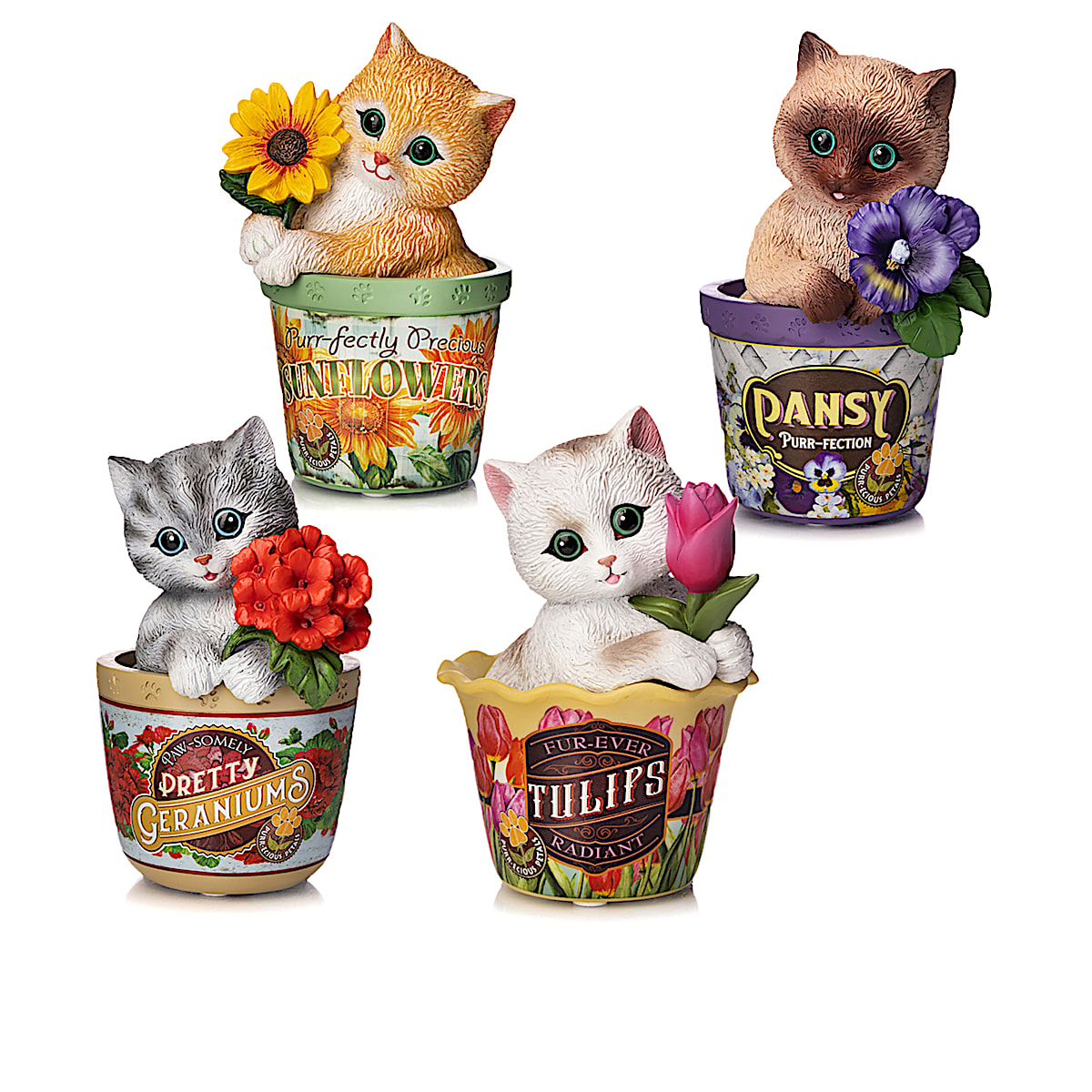 Purr-fectly Precious Sunflower Inspired By The Art Of Kayomi Harai  Featuring A Hand-Painted Cat Figurine In A Flowerpot Adorned With Paw Prints