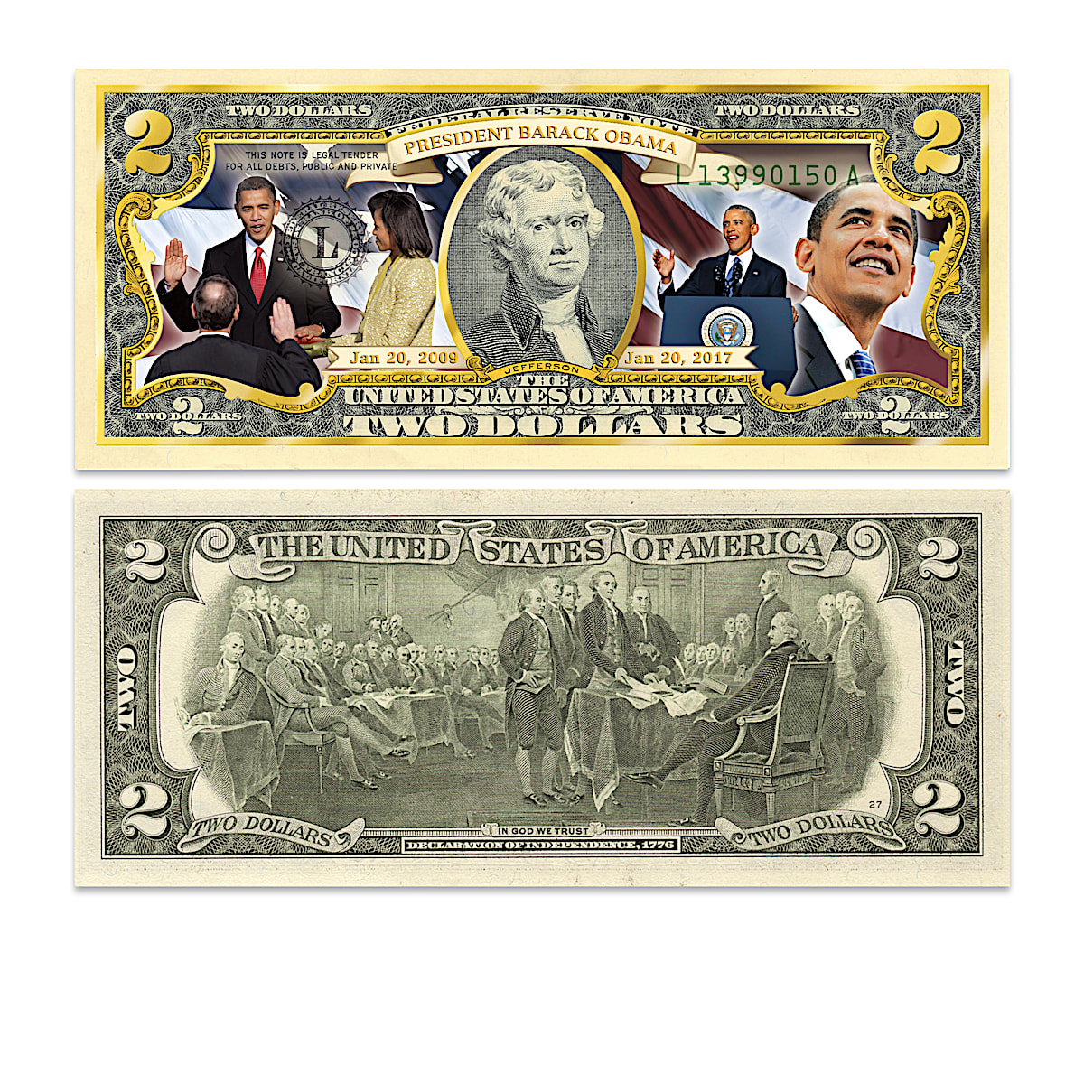 The All New Barack Obama 2 Bill Currency Collection Enhanced With Golden Borders And Featuring 