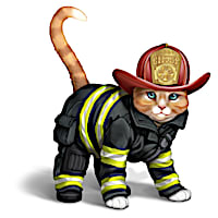"Chief Furry Fighter" Cat Figurine Wearing Firefighter Gear
