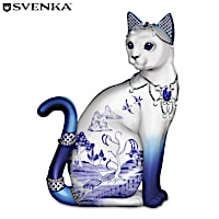Blue Willow Porcelain Cat Figurine With Svenka Crystals