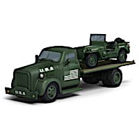 WWII-Era Flatbed Truck Sculpture And Diecast Jeep Set