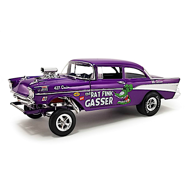 Ed Big Daddy Roths Rat Fink 1957 Bel Air Gasser 1 18 Scale Hot Rod Diecast Car Featuring A Drag Race Frame Raised Rear End And Real Rubber Tires