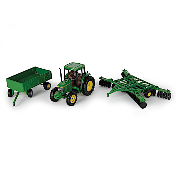John Deere 3 Piece Collector Set Featuring A 1 32 Scale 6410 Diecast Tractor Wagon And Wing Disk